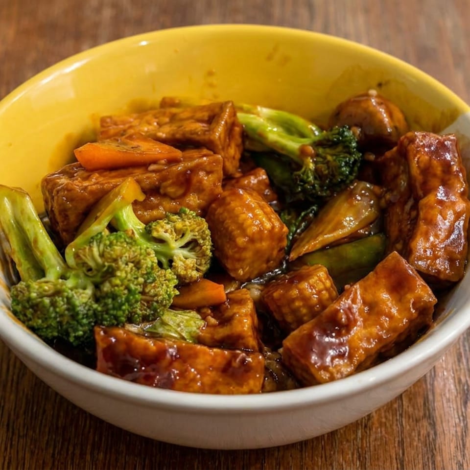 Bowl of glossy stir-fried tofu and vegetables, including broccoli, carrots, and greens, on a wooden table.