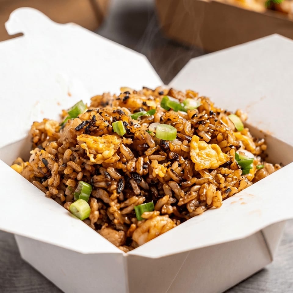 Steaming fried rice with shrimp, scrambled egg, sesame seeds, and green onions in an open white takeout box.