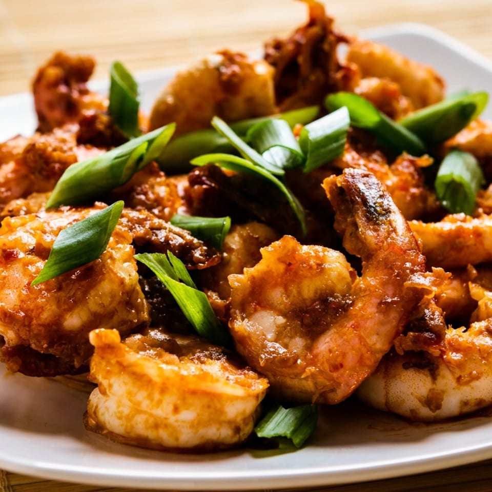 Golden-brown fried seafood pieces garnished with fresh green onions on a white plate atop a wooden table.